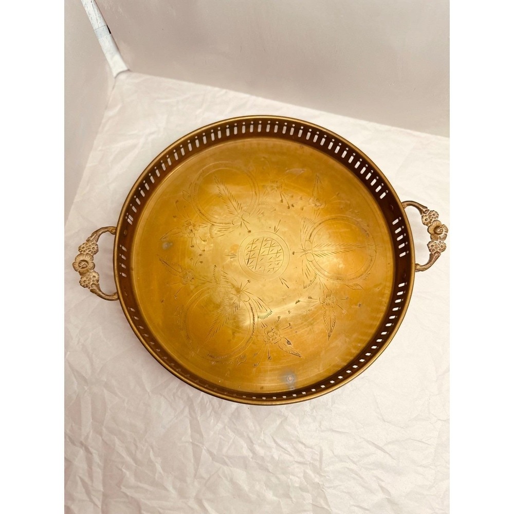 Vintage Round Brass Gallery Tray Etched Floral Pineapple Design Pierced Rim 12in